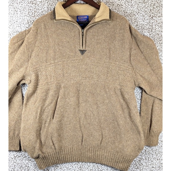 Pendleton Sweater Mens Large Beige Shetland Wool 1/4 Zip Preppy Grandpa - Picture 1 of 11